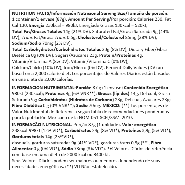 dulce de leche minicup nutrition